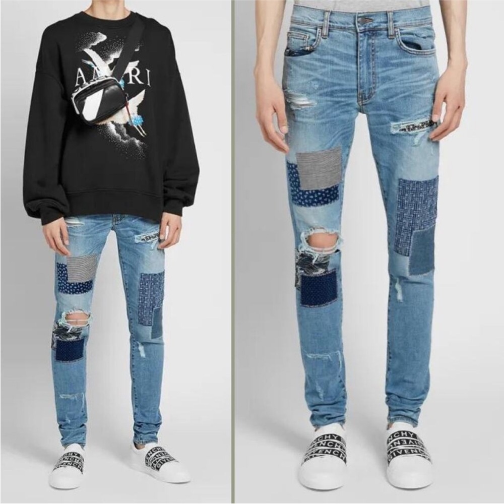 Amiri Japanese Repair Jeans Pants Bandana Patchwork Distressed Slim Blue Denim